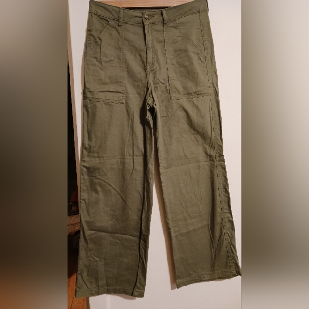 Happily Grey Womans 5/27 100% Cotton Green Cargo Look Wide Leg Pants